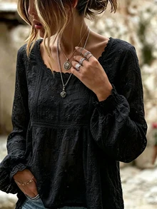 SHEIN Holidaya 女款刺繡圓領燈籠袖休閒百搭襯衫 - 黑色 - 查看 3