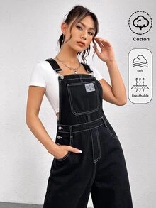 SHEIN 青少年女孩黑色丹寧寬鬆拼接工裝褲 - 黑色 - 查看 4