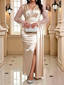SHEIN Lady Plus Size Luxury Elegant Pleated Front Slit Sequin Dress - Apricot - View 5