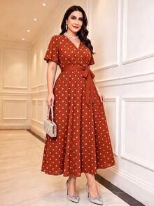 Modelyn Plus Size Women's Fashion V-Neck Short Sleeve Belted Loose Casual Dress, Beige Polka Dot Print On Caramel Orange Background, Comfortable For Spring And Summer - Multicolor - View 1
