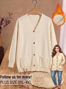 Rusticease Plus Size Women's Autumn/Winter Button Front Long Sleeve Knit Cardigan - Apricot - View 1