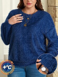 EMERY ROSE Plus Size Women's Solid Color Crew Neck Long Sleeve Casual Sweatshirt - Brown - View 1