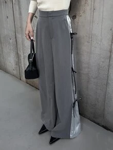 FRIFUL Women's Colorblock Patchwork Drawstring Wide Leg Pants - Grey - View 5