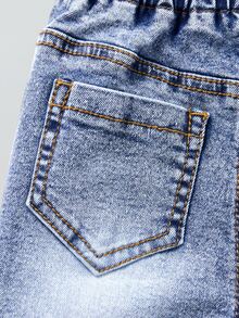 Baby Boy Autumn/Winter Denim Long Pants, Light Blue Washed Distressed Texture, Knee Pleat Decoration, Handsome Casual Durable Denim Long Pants For Infants And Toddlers - Light Wash - View 5