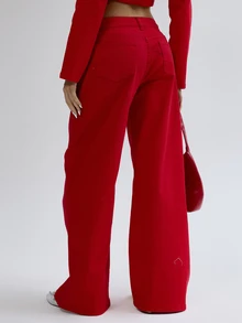 MUSERA Red Denim Straight Leg Belt Detail Jeans Fall Autumn Winter Coolgirl Back To School Blancs - Red - View 4