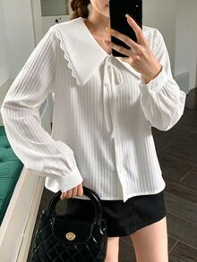 SHEIN 青少年女孩蝴蝶結彼得潘領蕾絲飾邊燈籠袖學院風休閒百搭白色襯衫，優雅學院風休閒白色襯衫，百搭襯衫 - 彩色 - 查看 5
