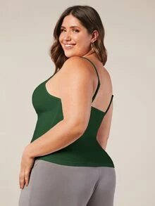 SHEIN BASICS 大尺碼純色細肩帶背心上衣 夏季女款穿搭上衣 - 墨綠色 - 查看 2
