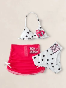 TOM & JERRY X SHEIN Tween Girl Polka Dot Closure Bikini Top And Triangle Bottom Two-Piece Swimsuit Set With Mini Skirt - Multicolor - View 1