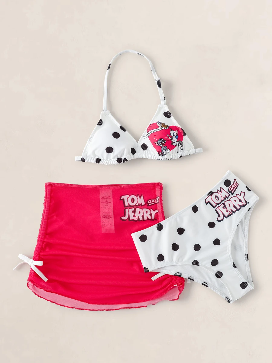 TOM & JERRY X SHEIN Tween Girl Polka Dot Closure Bikini Top And Triangle Bottom Two-Piece Swimsuit Set With Mini Skirt - Multicolor - View 1