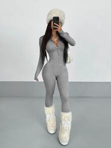 StreetHx 街頭風秋季女款純色長袖半拉鍊連身褲 - 深灰色 - 查看 3