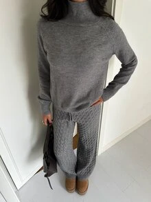 Autumina Women's Autumn/Winter Lazy Fashion Versatile Daily Party Photo High Neck Sweater 2 Pieces Set - Grey - View 5
