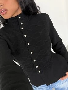 Elenzga Women's Elegant Small Stand Collar Cable Knit Ruffle Hem Cardigan Sweater - Black - View 1