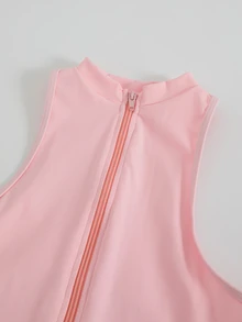 Dewbera Dewbera Solid Pink Stand Collar Full Front Zipper Sleeveless Cinched Waist A-Line Skirt Conservative Flattering Sportswear - Pink - View 6