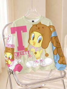 LOONEY TUNES X SHEIN TWEETY 可愛熊圖案拼色大尺碼女款圓領抓絨運動衫，秋冬款 - 白色 - 查看 1