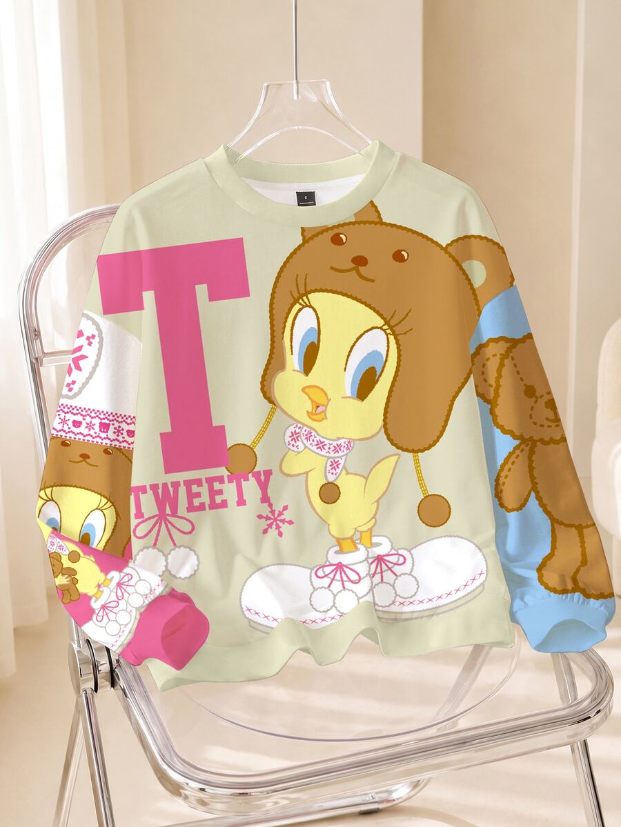 LOONEY TUNES X SHEIN TWEETY 可愛熊圖案拼色大尺碼女款圓領抓絨運動衫,秋冬款 - 白色 - 查看 1