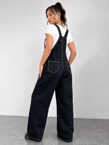 SHEIN 青少年女孩黑色丹寧寬鬆拼接工裝褲 - 黑色 - 查看 6