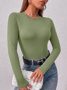 SHEIN PETITE Solid Slim Fit Spring Women Bodysuit - Army Green - View 2