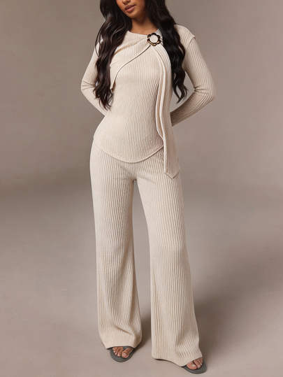 Vavine Conjunto de 2 piezas para mujer con camisa larga de cuello redondo, lazo, textura fruncida y pantalones de pierna recta ajustada en color albaricoque