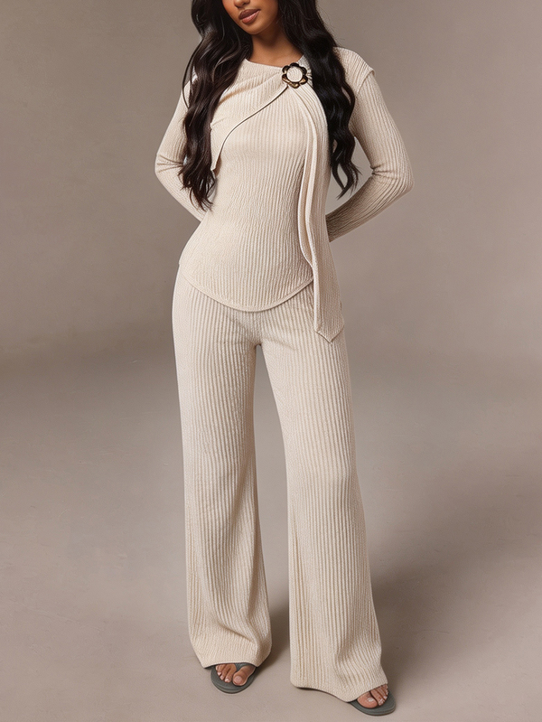 Vavine Apricot Round Neck Bowknot Tie-Up Ruched Texture Long Shirt And Slim Straight Leg Pants Women's 2 Pieces Set