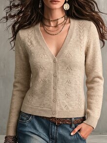 Linhara CURVE Plus Size Women's Solid Color Knit V-Neck Hollow Out Minimalist Casual Cardigan Suitable For Daily Commute Office School Vacation - Camel - View 3