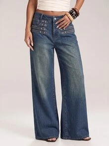 SHEIN BAE Women's Casual Everyday Denim Jeans With Pockets And Buttons - Blue - View 1
