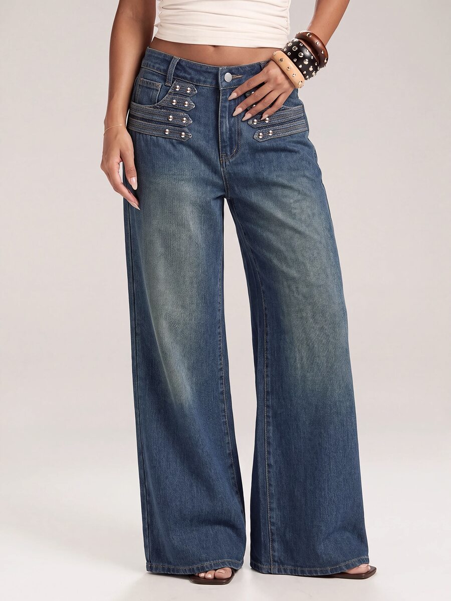 SHEIN BAE Women's Casual Everyday Denim Jeans With Pockets And Buttons - Blue - View 1