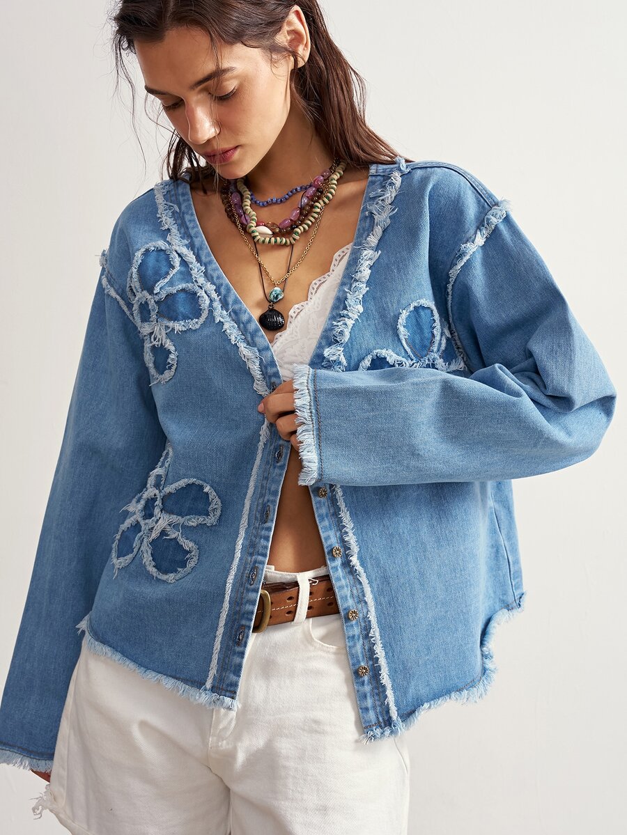 Bohemela Casual Solid Color Woven Denim Jacket For Women - Blue - View 1
