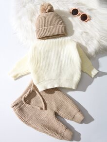 SHEIN 3pcs Newborn Baby Knit Sweater Pants Hat Set Sweet Cream Khaki Hello World Star Embroidery Ribbed Pom Pom Beanie Long Sleeve Photography Fall Jumpers - Khaki - View 4