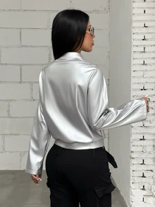EgrlEra 女款銀色長袖前拉鍊PU夾克 - 銀色 - 查看 2