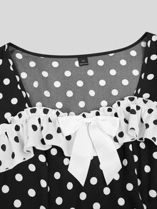 SHEIN Sweetro Plus Size Long Sleeve Black & White Polka Dot Ruffle Hem Cute Dress - Multicolor - View 8