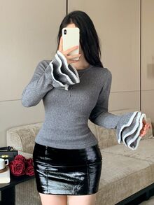 Modelyn Women's Casual Colorblock Bell Sleeve Sweater, Autumn/Winter - Grey - View 5