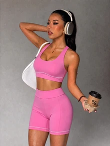 Eassivo Women's 2 Pieces Sports Set, Pink Yoga Fitness Outfit, White Underbust Design, Workout Exercise Set - Pink - View 7