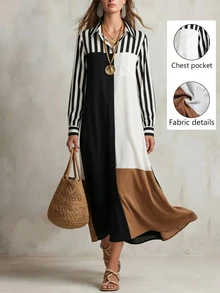 SHEIN Casual Commute Minimalist Women's Long Sleeve Striped Multicolor Dress, Autumn/Winter Style, Suitable For Office, Work And Outings - Multicolor - View 9