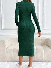 SHEIN Maternity Solid Color Stand Collar Long Sleeve Fitted Ribbed Knit Dress - Dark Green - View 2