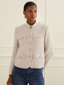 Lilora Jaket Wanita Lengan Panjang Kasual Elegan Serbaguna Kancing Tunggal untuk Perjalanan Kantor/Komuter, Warna Beige, Musim Gugur - Aprikot - View 4