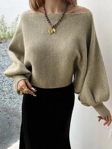 DAZY Sweater Wanita Longgar Kasual Model Bahu Terbuka Lengan Lentera Pendek Warna Khaki, Musim Gugur - Aprikot - View 3