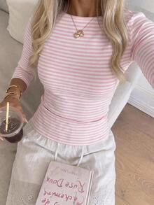 SHEIN EZwear 休閒極簡風 95% 棉柔粉色條紋短袖 T 恤，適合春夏穿搭，粉色條紋顯白，夏季上衣，適合日常通勤、約會、派對，秋冬春夏皆宜，聖誕節、新年、感恩節、派對、婚禮、海灘、畢業典禮，時尚款 - 彩色 - 查看 3