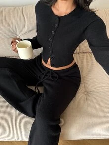 Autumina Women's Sexy Fashion 2 Pieces Set Cute Casual Versatile Cardigan Loose Fit Daily Commute Sweater Pants - Black - View 5