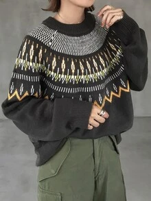 FRIFUL Women's Autumn/Winter Casual Retro Vintage 70s Geometric Pattern Sweater Everyday Going Out Grey - Dark Grey - View 4