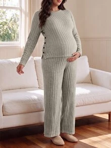 SHEIN Apricot Long Maternity Plus Size 2 Pieces Set, Round Neck Long Sleeve Top With Split Hem And Buttons, Casual Comfortable Wide Leg Pants, Autumn/Winter - Apricot - View 7