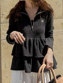 FRIFUL Women's Fashion Zipper Half-Placket Ruffle Hem Sweatshirt Fall - Grey - View 6