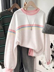 SHEIN LUNE 女款圓領粉色拼色條紋運動衫，適合秋冬返校季 - 白色 - 查看 2