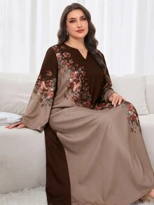 Al Najma 大尺碼女款花卉印花對比色長袖傳統阿拉伯式長袍 - 棕色 - 查看 4