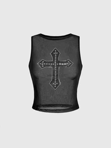 ROMWE Grunge Punk Sexy Punk Rhinestone Cross Bodycon Sheer Tank Top & Ultra Low Waist Mini Skirt 2pcs Set - Black - View 8