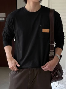 DAZY 男士長袖針織布料T恤，附胸前口袋與貼布設計，圓領，可作為底層穿著或外穿，適合春季/秋季 - 黑色 - 查看 6