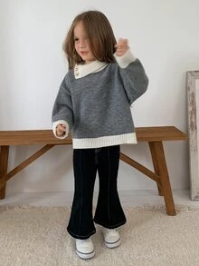 DAZY Young Girl) Colorblock Collar Long Sleeve Autumn/Winter Grey Design Sweater - Grey - View 6