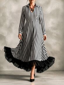GlowEve CURVE Gaun Kasual Modis untuk Liburan, Gaya Prancis Vintage, Elegan, Cocok untuk Perjalanan, Motif Garis Hitam Putih, Jala, dan Patchwork, Cocok untuk Musim Gugur. - Hitam - View 1