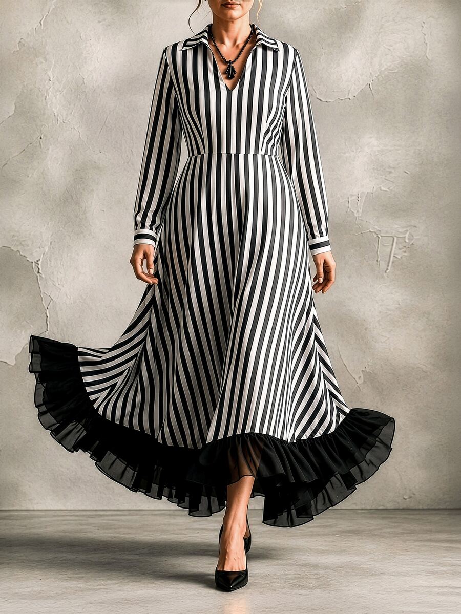 GlowEve CURVE Gaun Kasual Modis untuk Liburan, Gaya Prancis Vintage, Elegan, Cocok untuk Perjalanan, Motif Garis Hitam Putih, Jala, dan Patchwork, Cocok untuk Musim Gugur. - Hitam - View 1