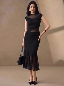 Anewsta Summer Thin Slightly Sheer Mesh Knit Skirt, High Waist Vertical Stripe Patchwork Fishtail Hem Slim Fit Long Skirt - Black - View 6