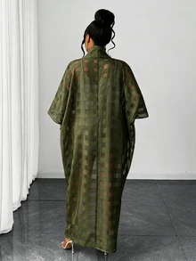 Maweii 大尺碼女款春夏白色鏤空扭結格紋中袖寬鬆休閒度假洋裝 - 軍綠色 - 查看 2